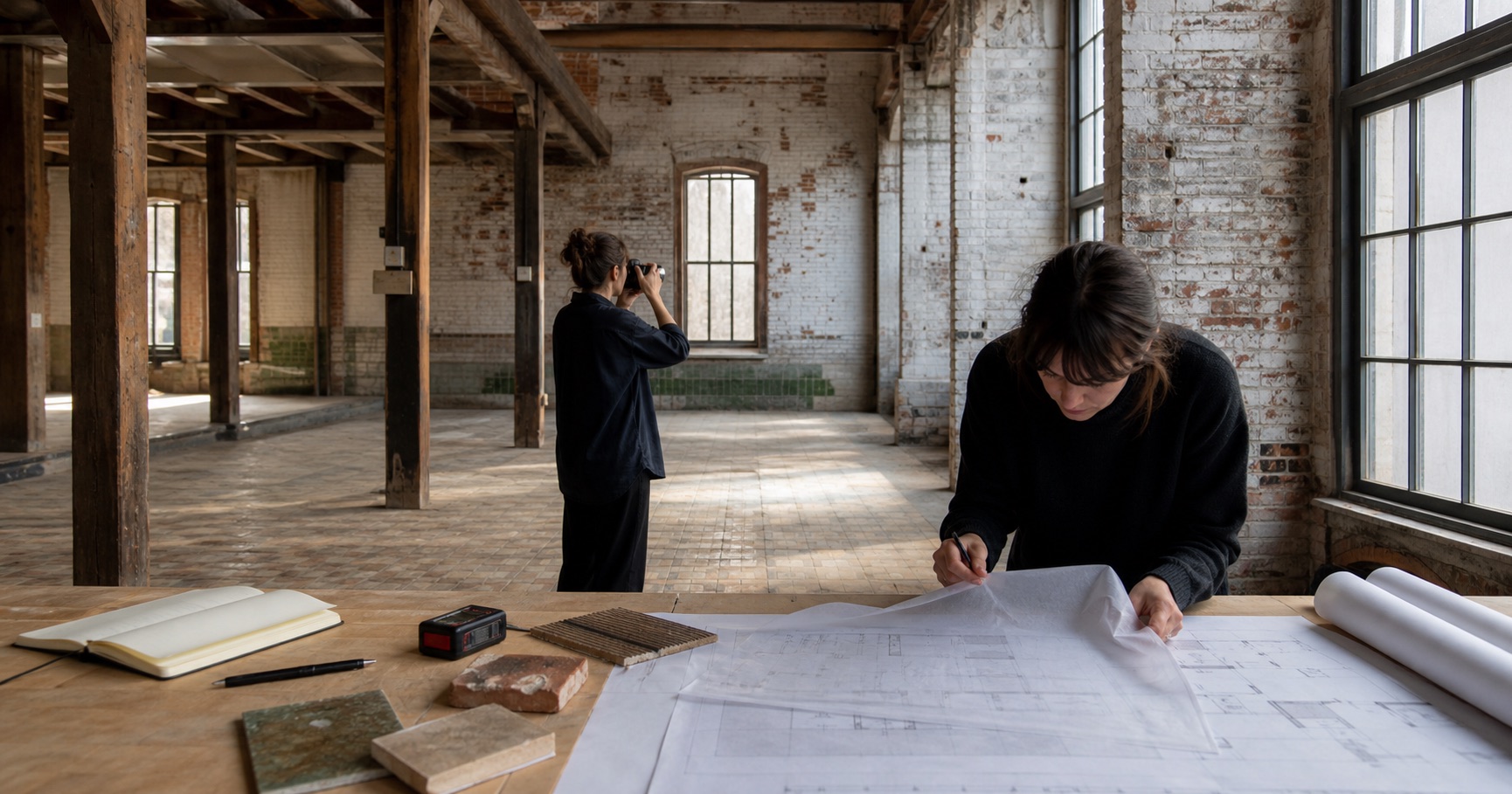 Interior designers documenting brick, timber, and tile inside an existing industrial building before adaptive reuse