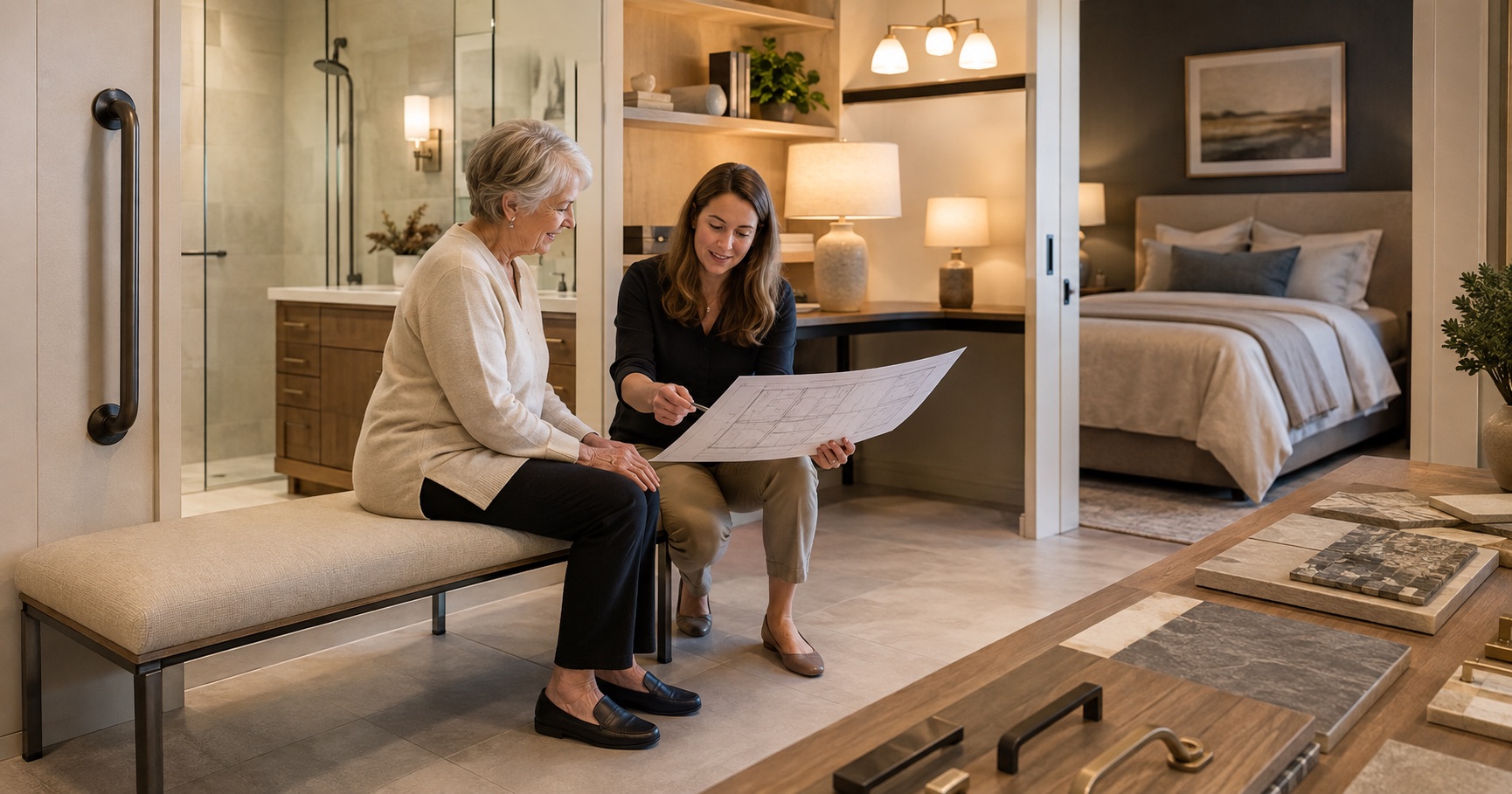 Residential designer reviewing an adaptable home plan with an older client beside bathroom and bedroom material samples