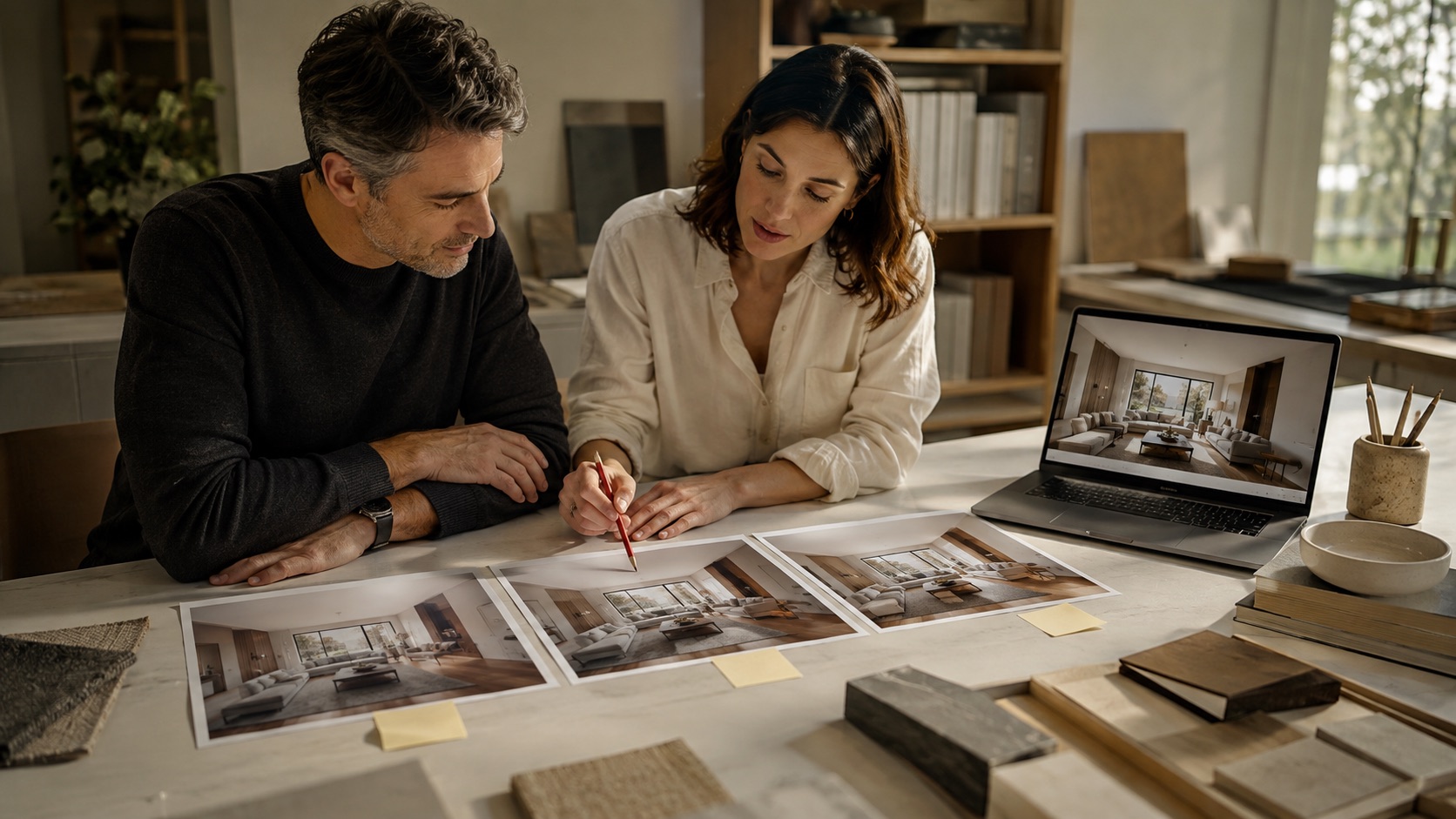 Two designers reviewing three room concept versions in sequence and marking one selected change with a red pencil