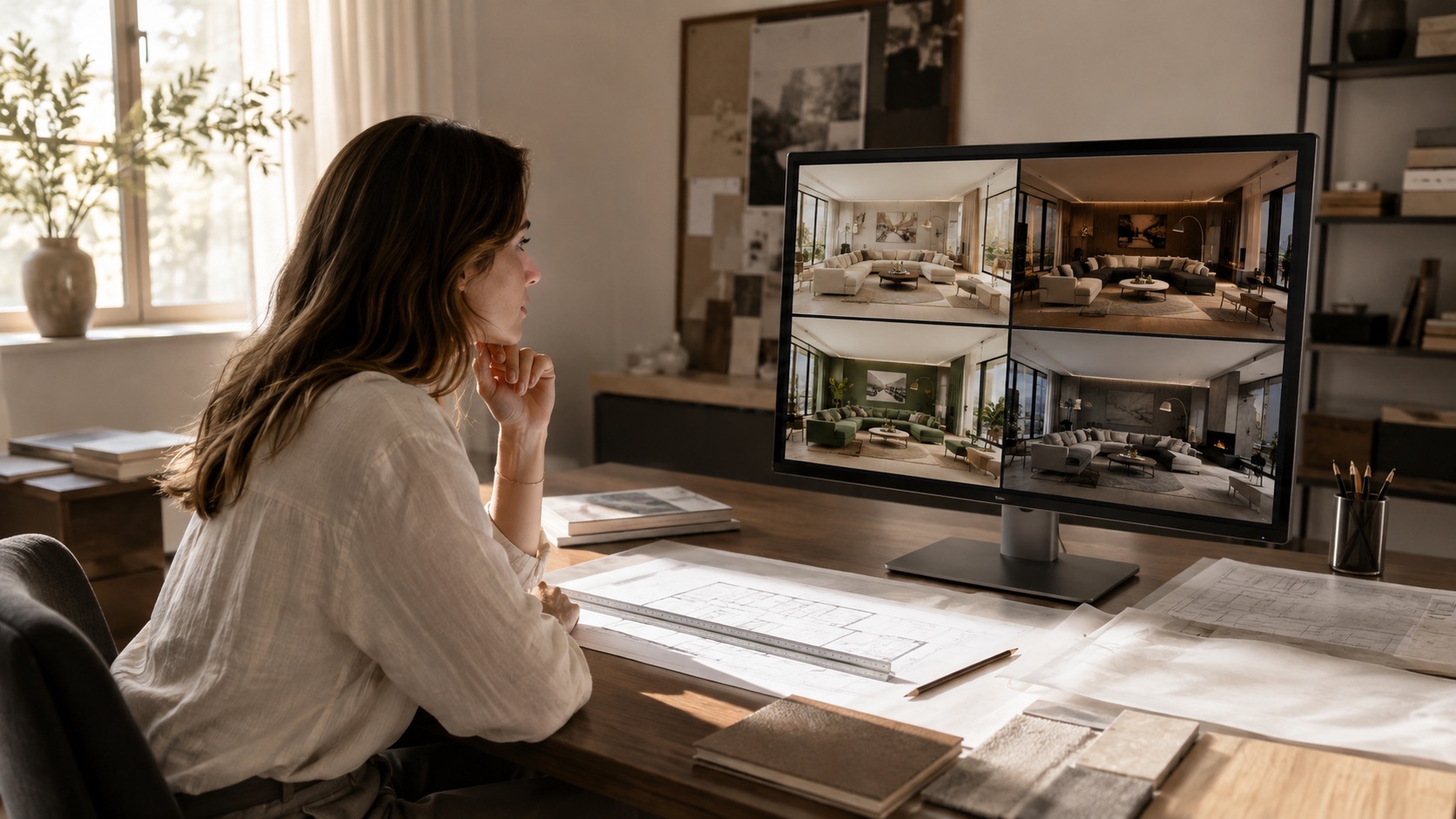Interior designer comparing four room concepts on a studio monitor beside a measured plan and material samples