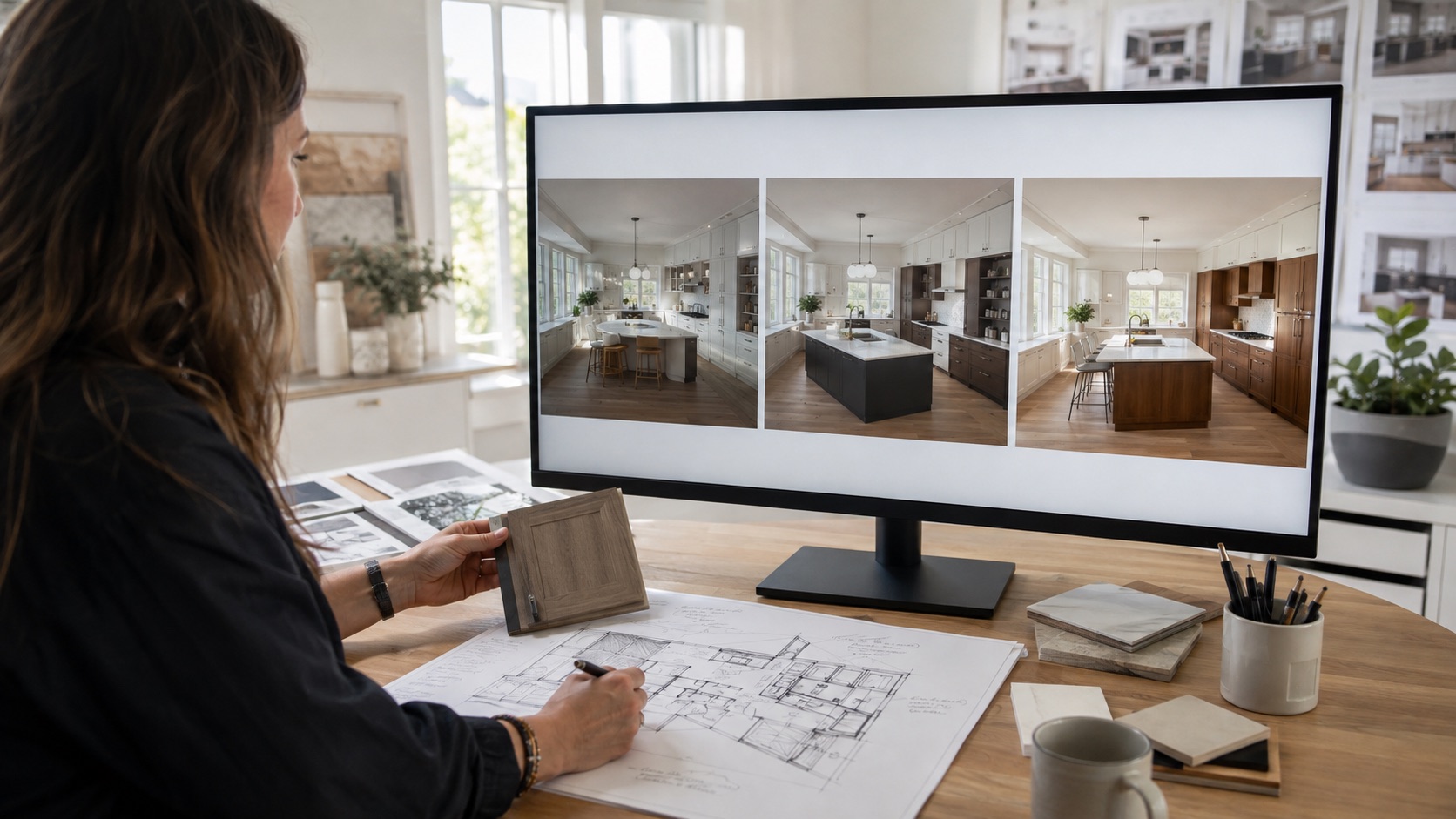 Kitchen designer comparing three cabinet concepts on a monitor beside a hand-drawn plan and finish samples