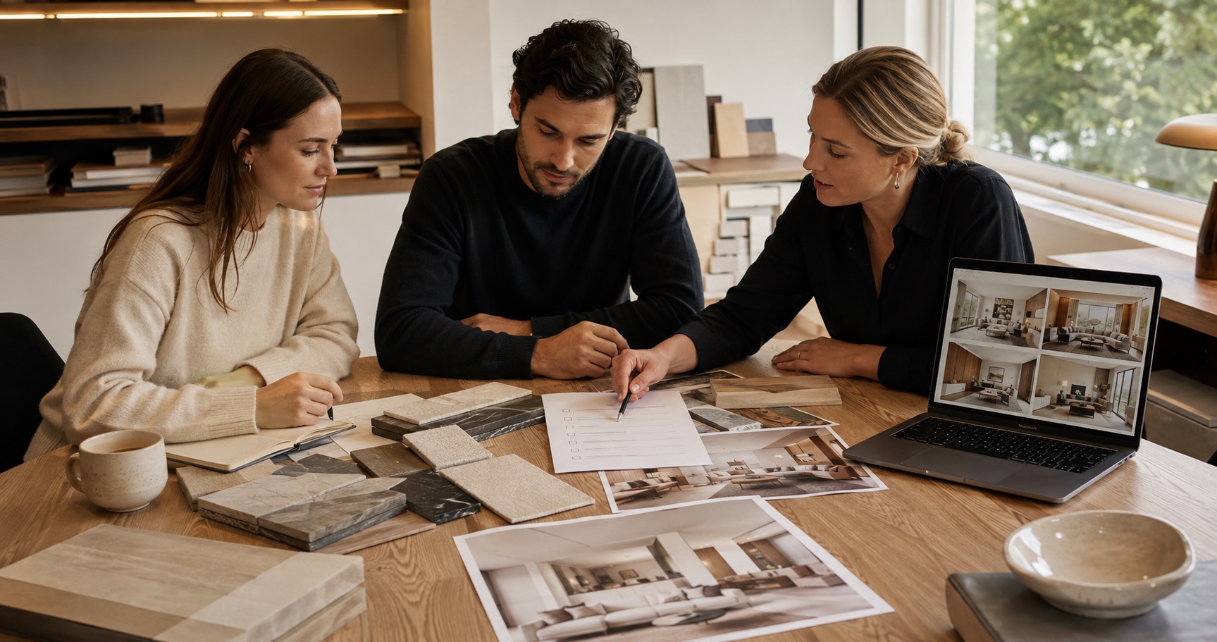 Interior design team reviewing an AI-use checklist with project images and material samples in a daylight studio