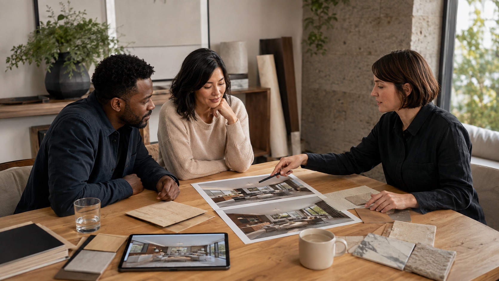 Interior designer discussing two printed room concepts with clients at a material-covered meeting table