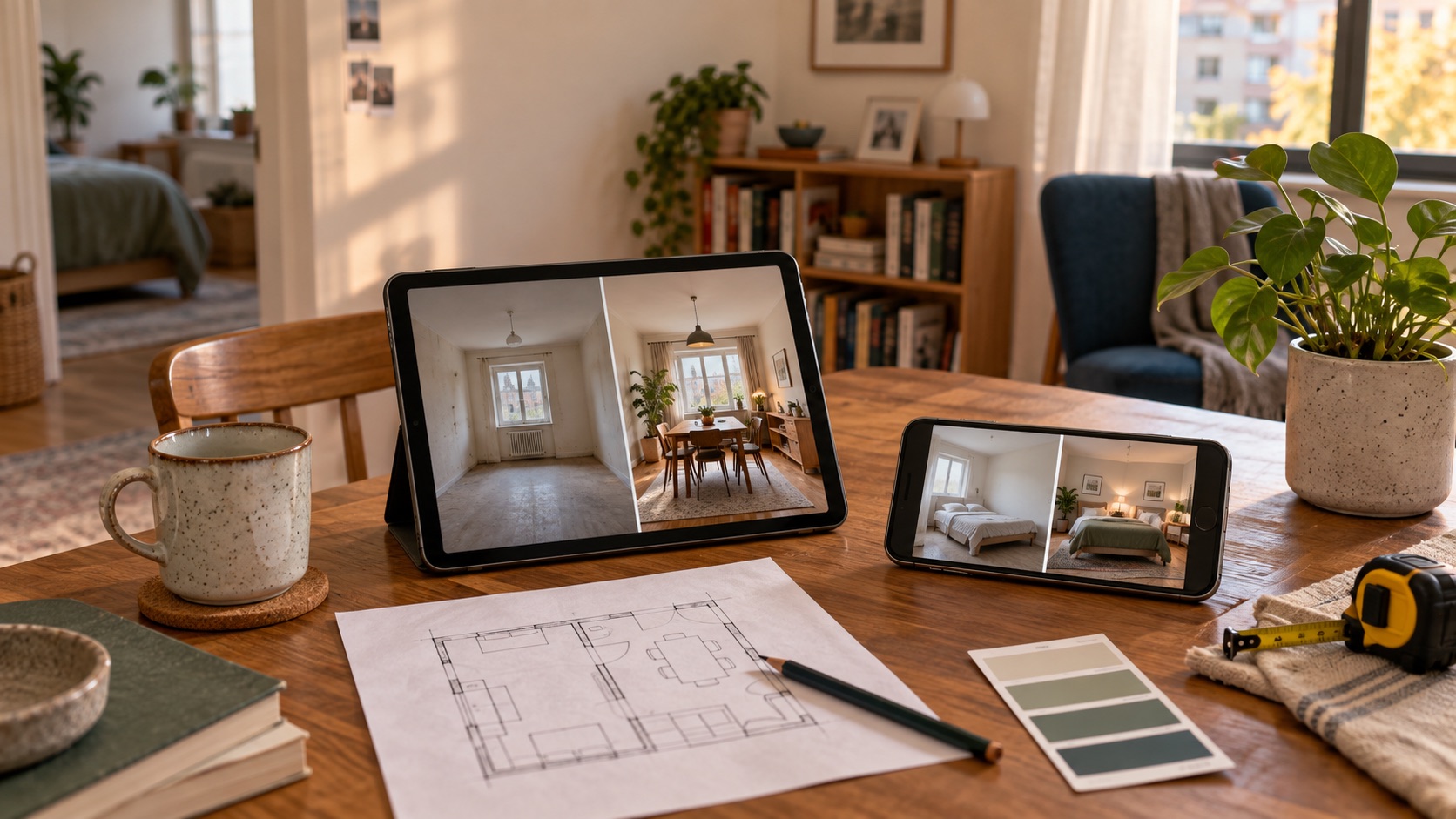 Tablet and phone showing free AI room design comparisons beside a floor plan, paint card, and measuring tape