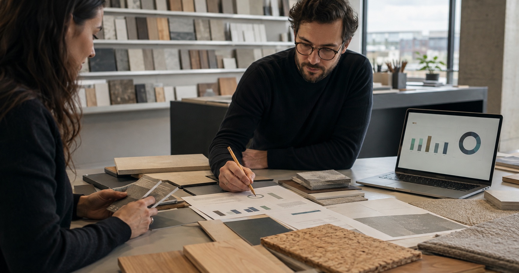 Interior designers comparing finish samples with environmental product data and a carbon comparison chart