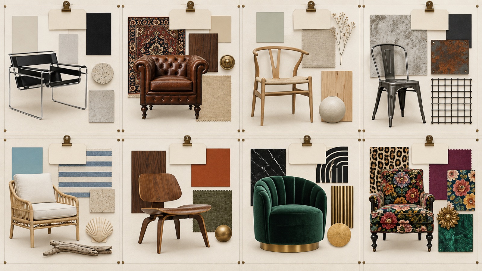 Museum archive grid of eight furniture silhouettes and material palettes representing different interior design styles without labels