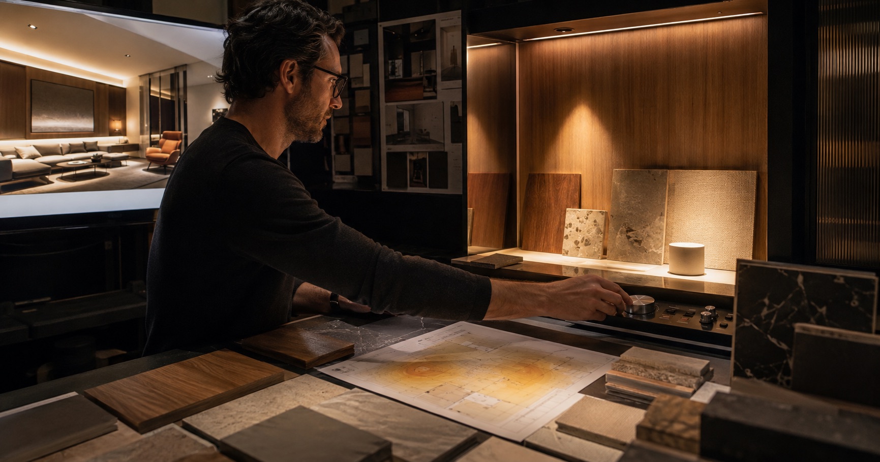 Lighting designer comparing a warm interior concept render with a physical material and lighting mockup