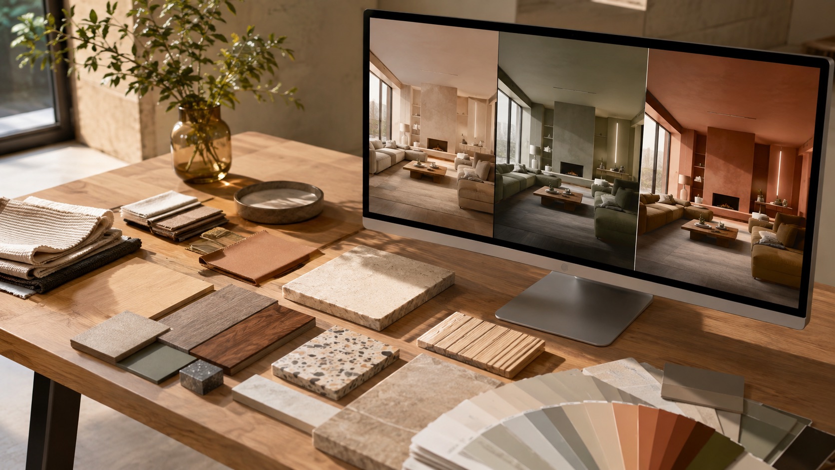 Material samples and paint colors beside a monitor showing three palette variations of the same living room