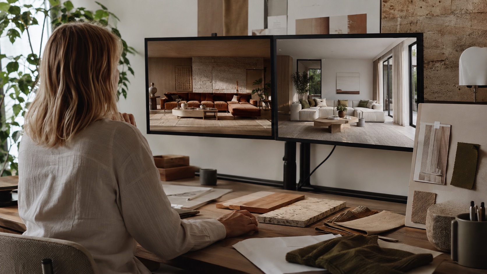 Designer comparing a warm reference interior with a lighter project-specific adaptation beside timber and fabric samples