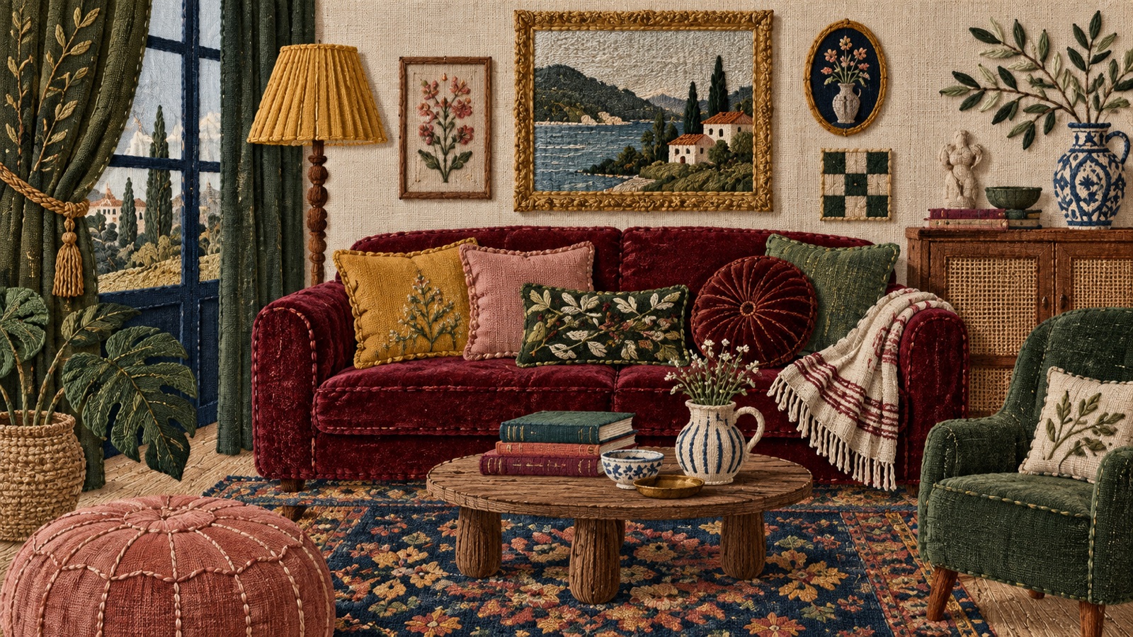 Embroidered textile collage of a layered living room with an oxblood sofa, patterned rug, lamps, curtains, framed art, books, and collected objects