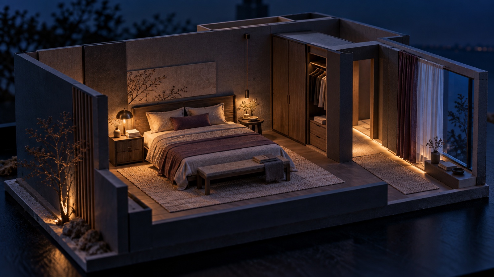 Blue-hour architectural bedroom maquette with bed, wardrobe, curtains, bedside lighting, and a clear nighttime route