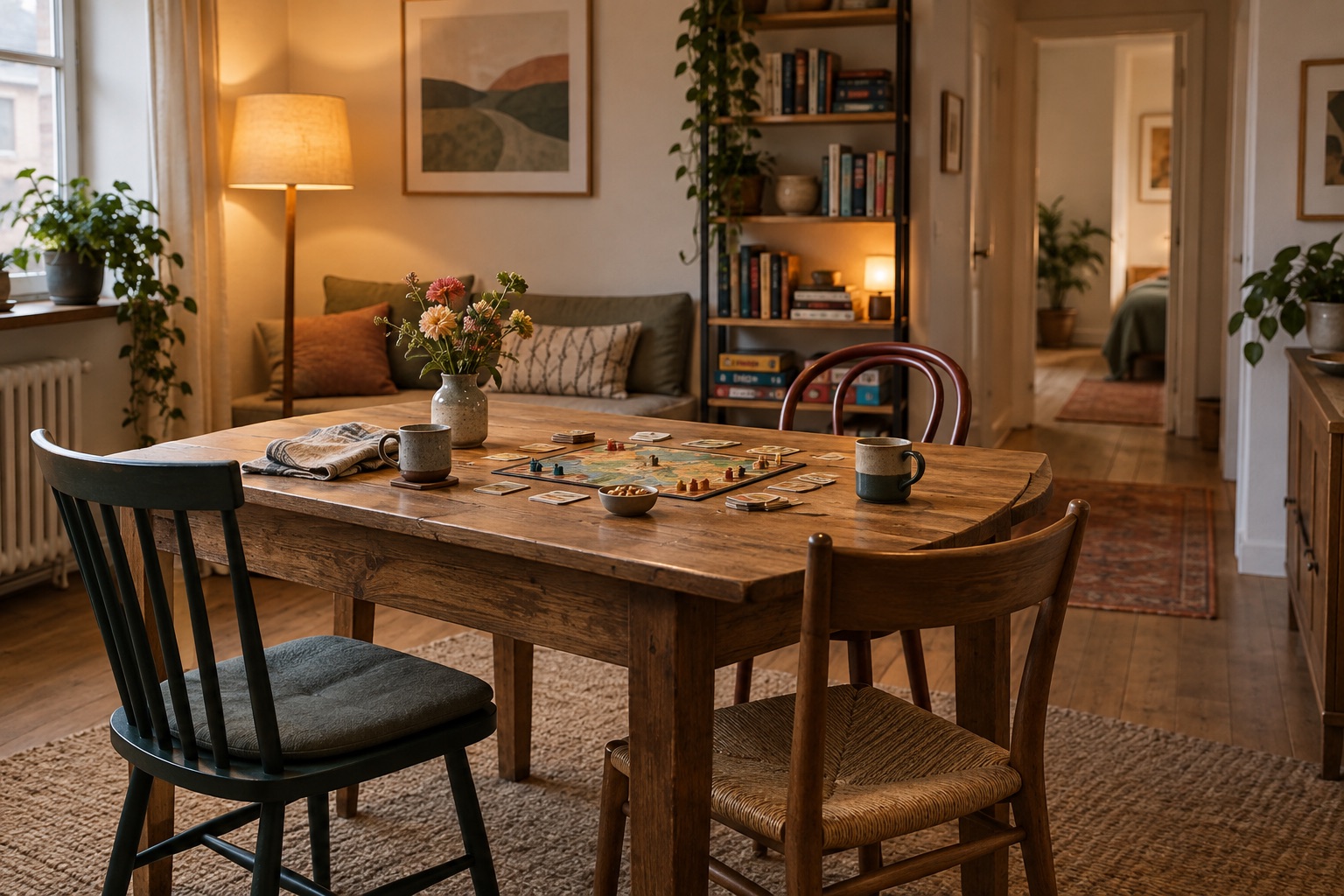AI-generated concept of a compact living and dining room with a clear game table, varied chairs, and reachable shelves