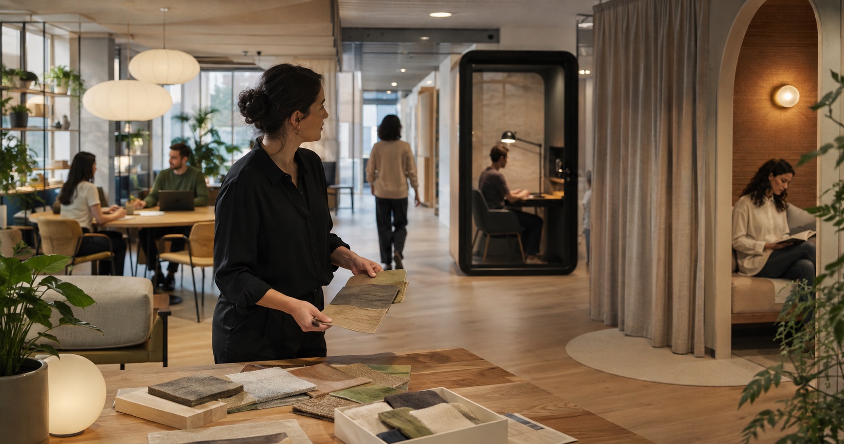 Workplace designer reviewing acoustic samples in an office with focus booths, retreat spaces, and collaborative settings