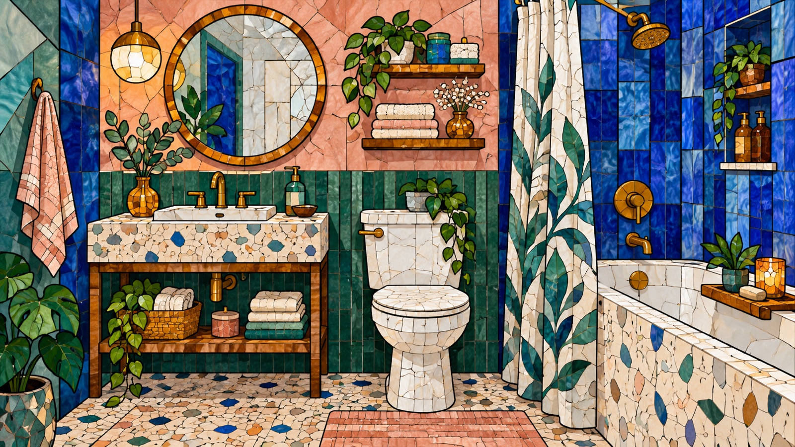 Stained-glass-style illustration of a colorful compact bathroom with existing tub, toilet, sink, mirror, shallow shelves, curtain, lighting, and plants