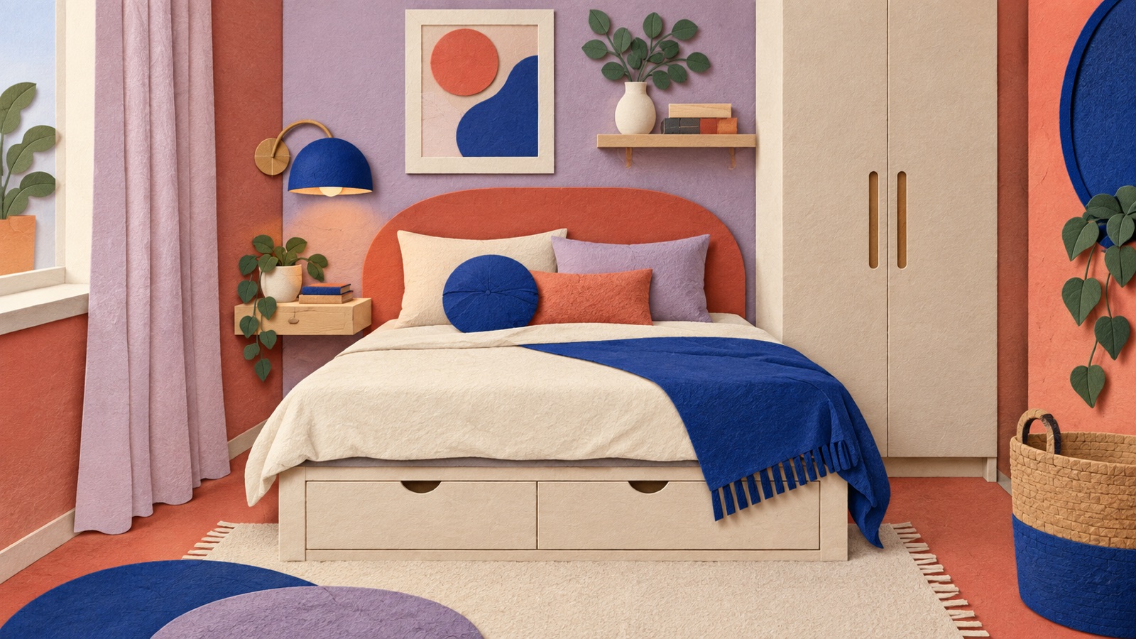 Layered paper-cut collage of a compact colorful bedroom with one bed, vertical wardrobe, wall light, shelf, and under-bed drawers