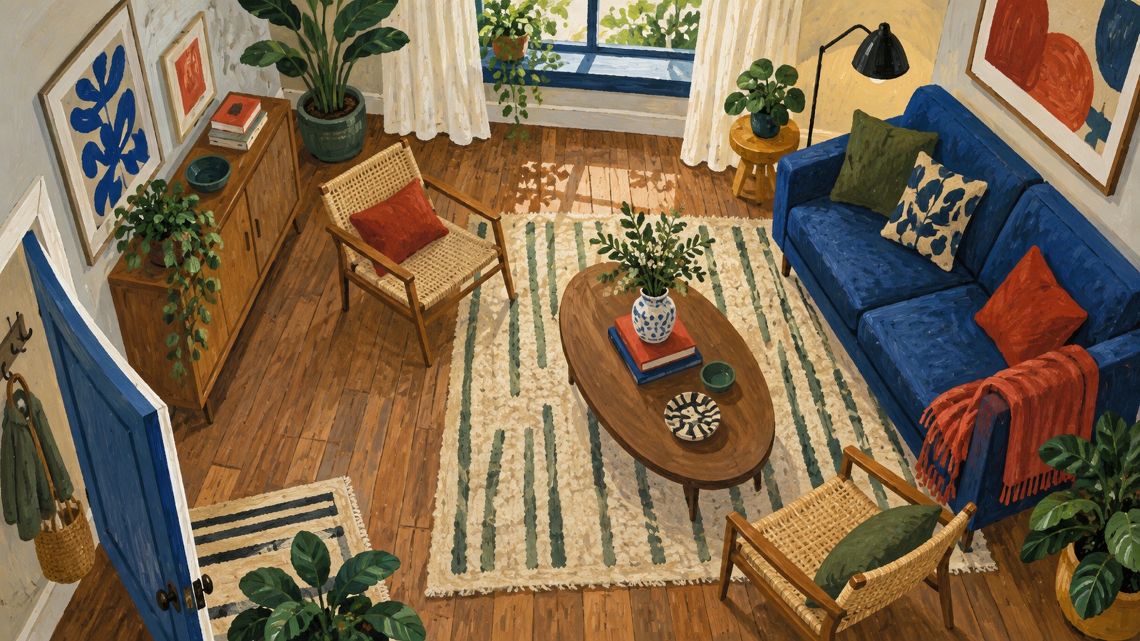 Hand-painted overhead view of a colorful small living room with compact seating and a clear route through the space