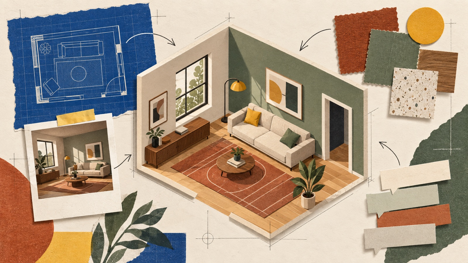 Cut-paper room design collage combining a measured plan, room photo, material samples, and conversation cards
