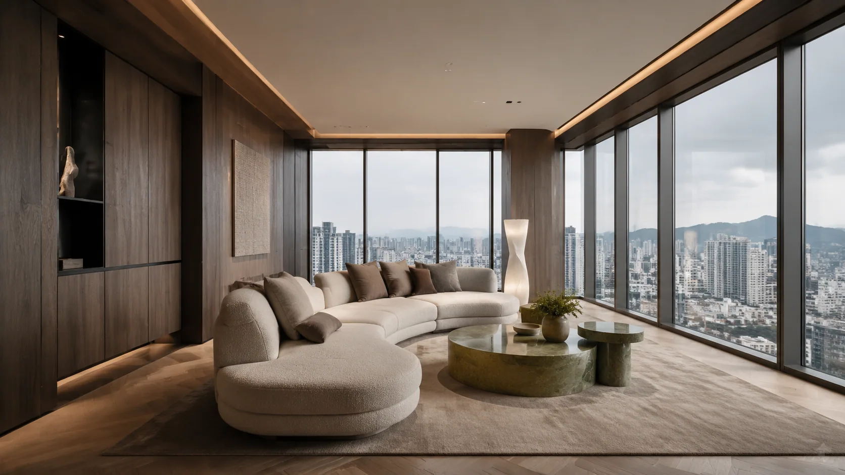 Contemporary Seoul living room with a curved oatmeal sectional, smoked-oak walls, celadon stone tables and panoramic city windows.