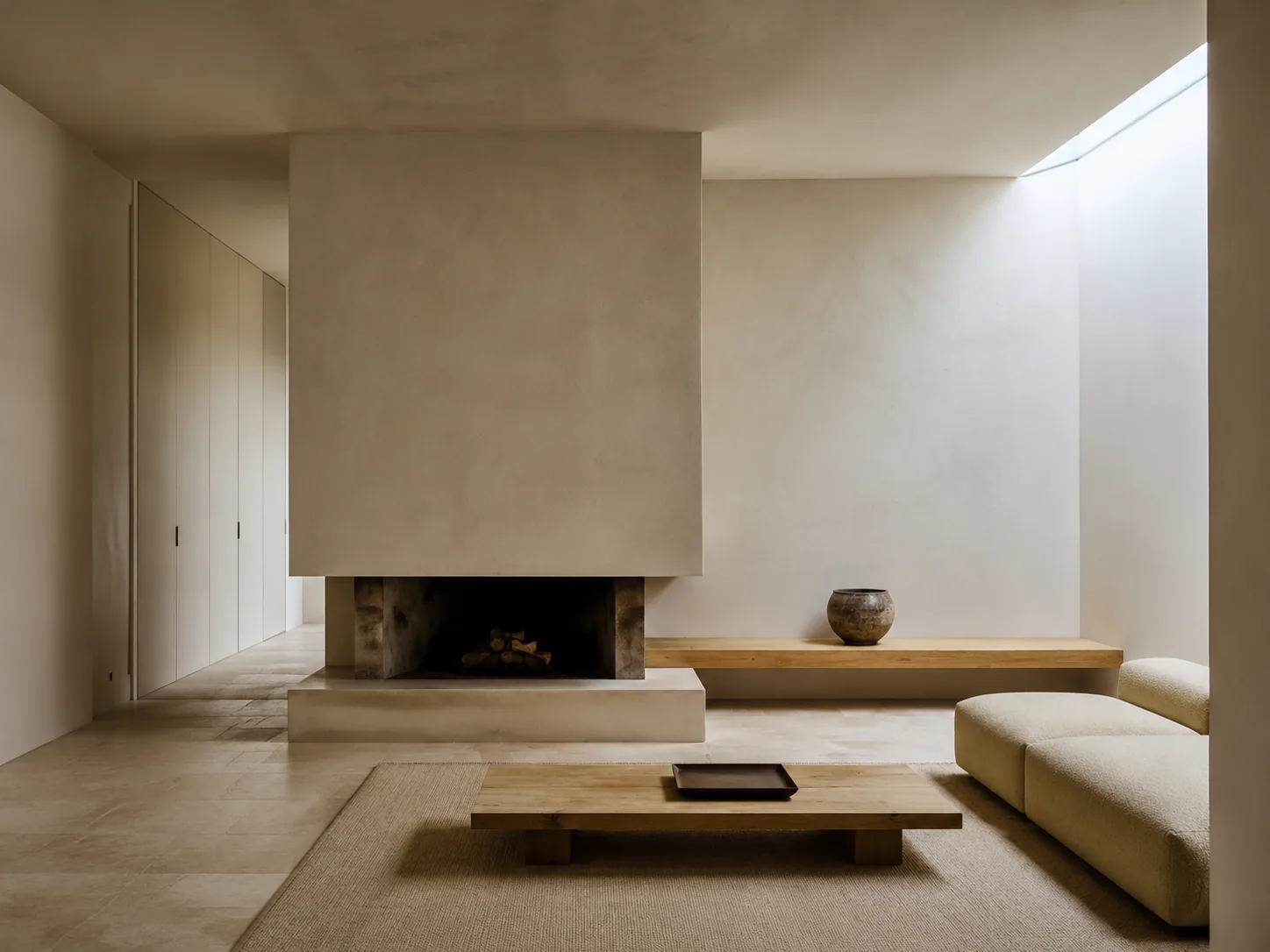 Minimalist Belgian living room with a chalk-plaster hearth, pale-oak bench, concealed cabinetry and a narrow skylight.
