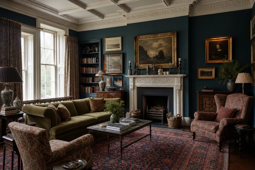 English heritage salon with teal walls, an olive velvet sofa, patterned chairs, and a marble fireplace