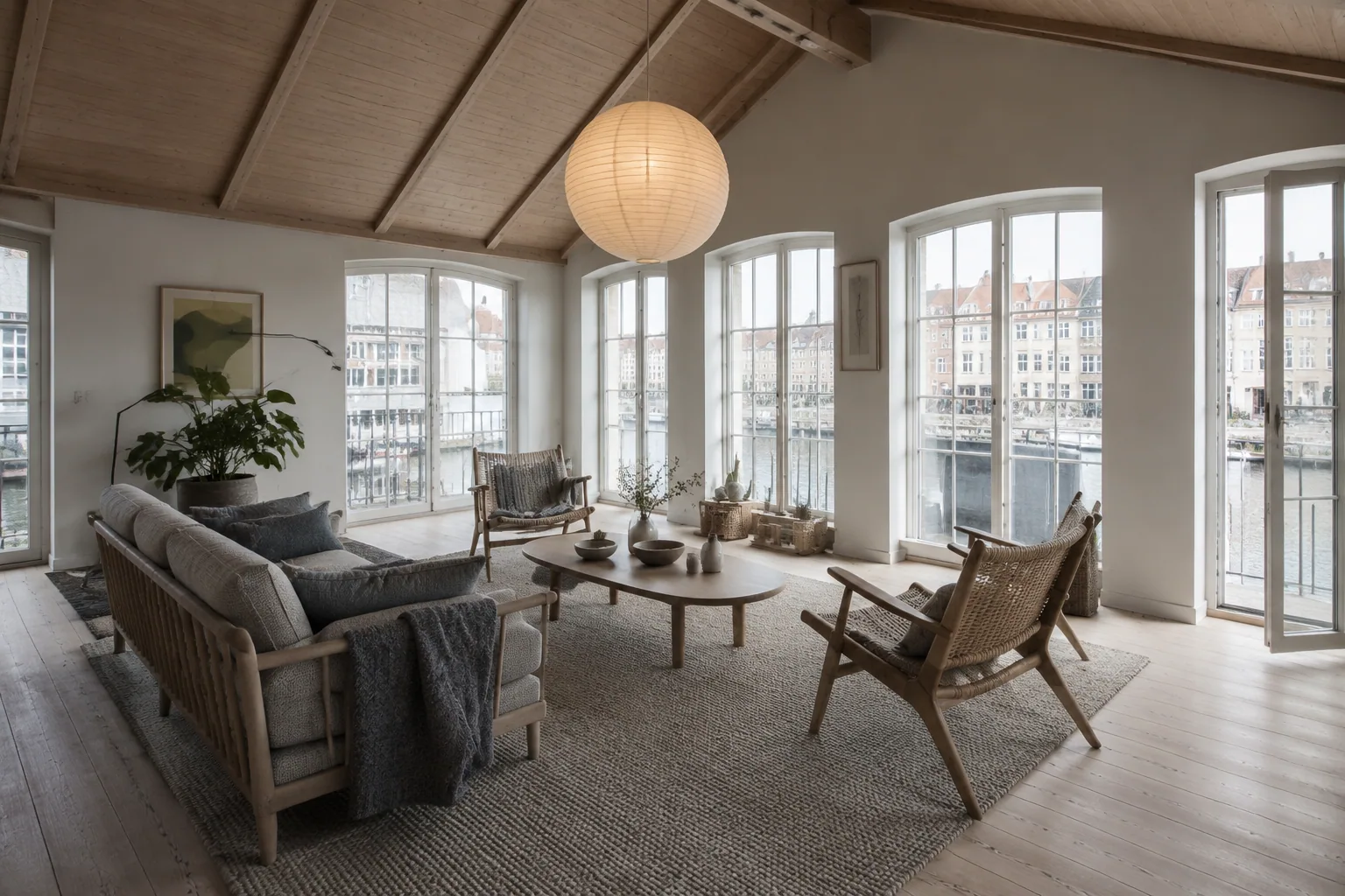 Scandinavian Copenhagen loft living room beneath a pale-pine pitched ceiling with ash furniture and tall canal-facing windows.