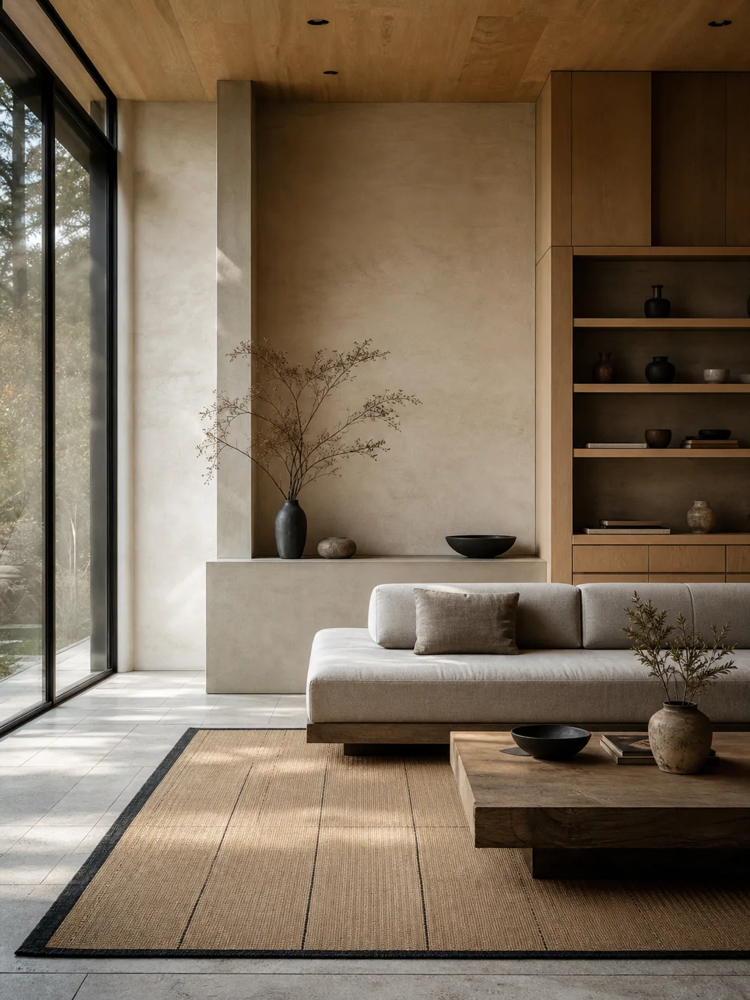 Japandi living room with a low linen sofa, pale oak cabinetry, ceramics, and textured plaster walls