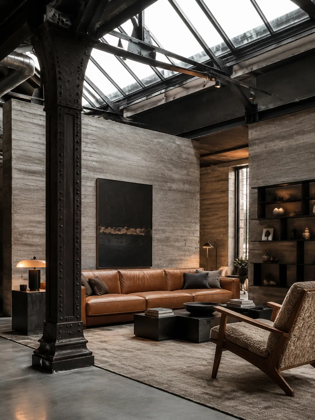 Vertical industrial living room with a restored iron column, concrete walls, cognac leather seating and a sawtooth skylight.