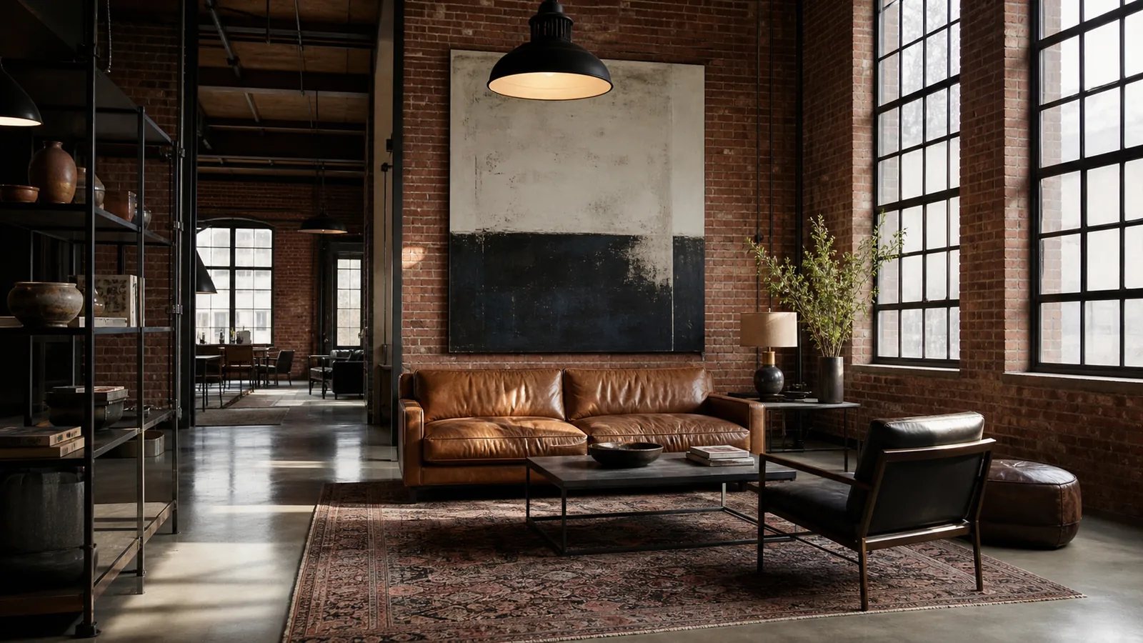SoHo industrial loft with exposed brick, steel windows, a leather sofa, and concrete floors