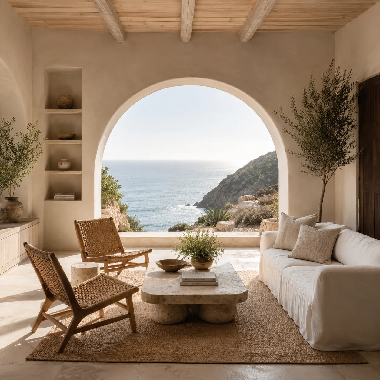 Square Baja coastal living room with limewashed arches, woven chairs, bleached oak and a bright Pacific Ocean view.