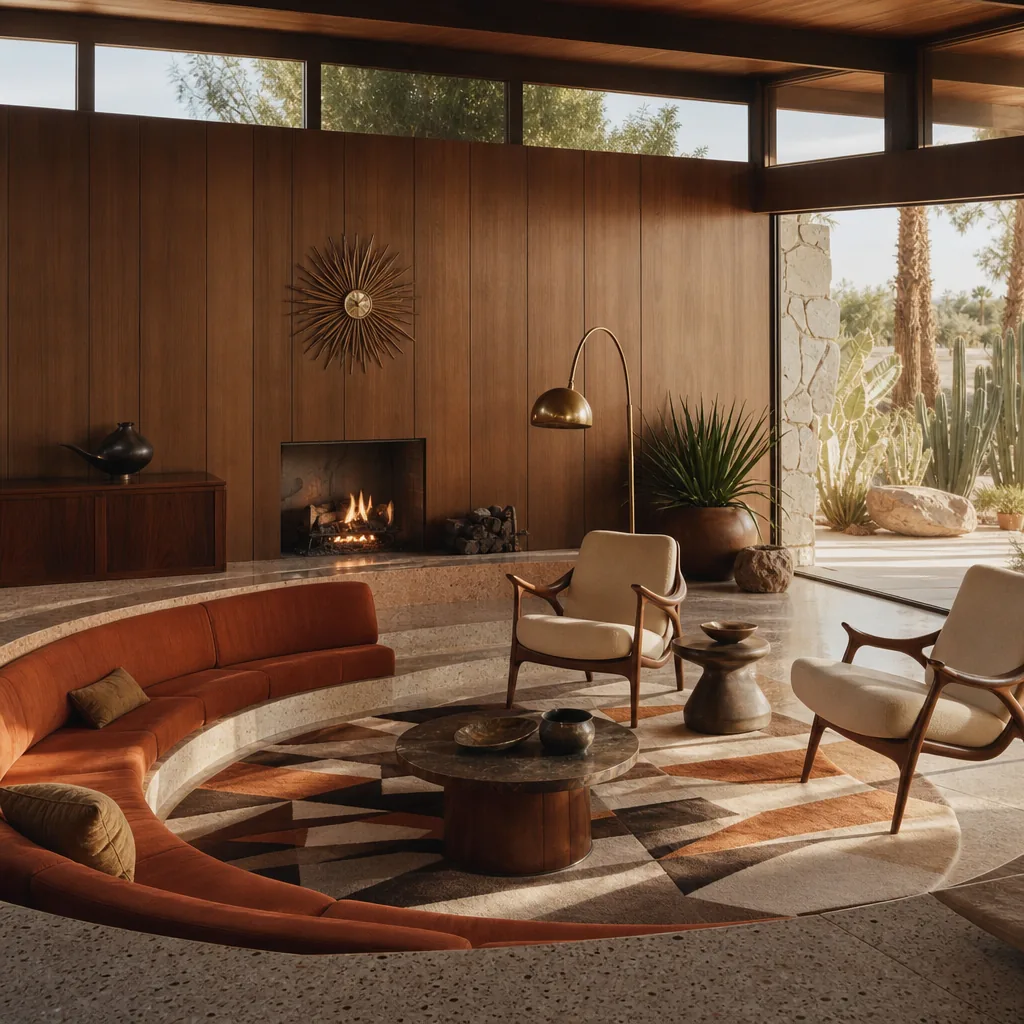 Mid-century sunken lounge with a curved rust sofa, walnut paneling, terrazzo, and desert garden views