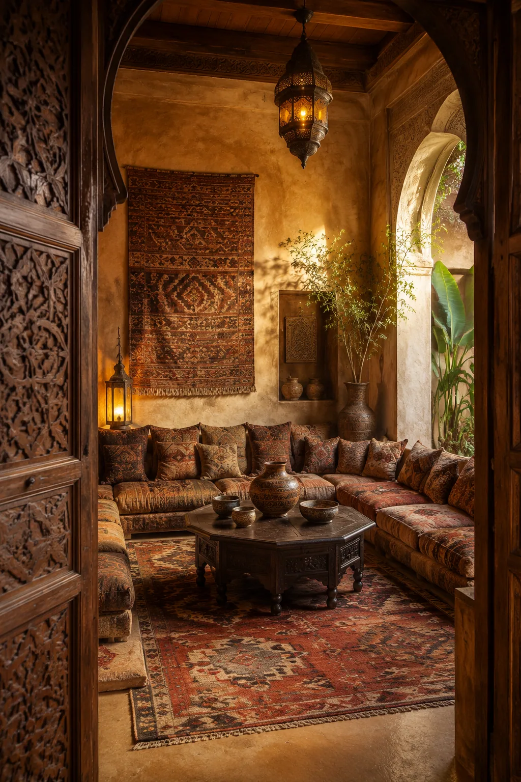 Bohemian Marrakech salon with saffron plaster, carved cedar, low seating, vintage kilims, brass lanterns and handmade ceramics.