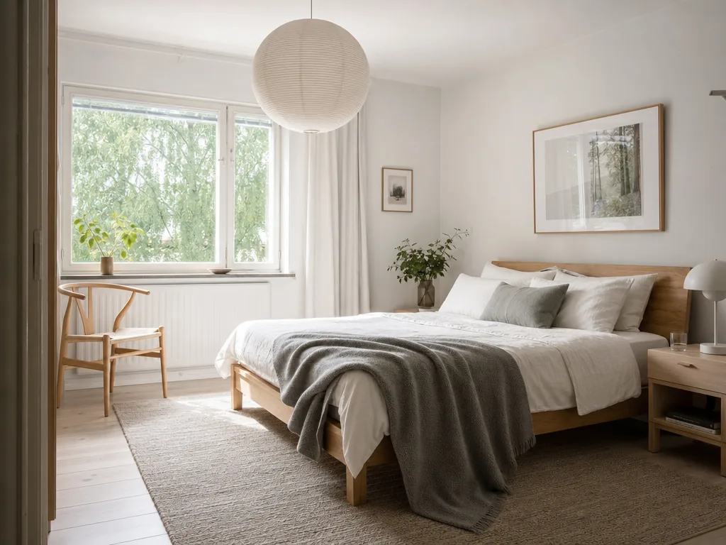 Scandinavian bedroom with a low oak bed, white linen, pale birch nightstands, and a paper pendant
