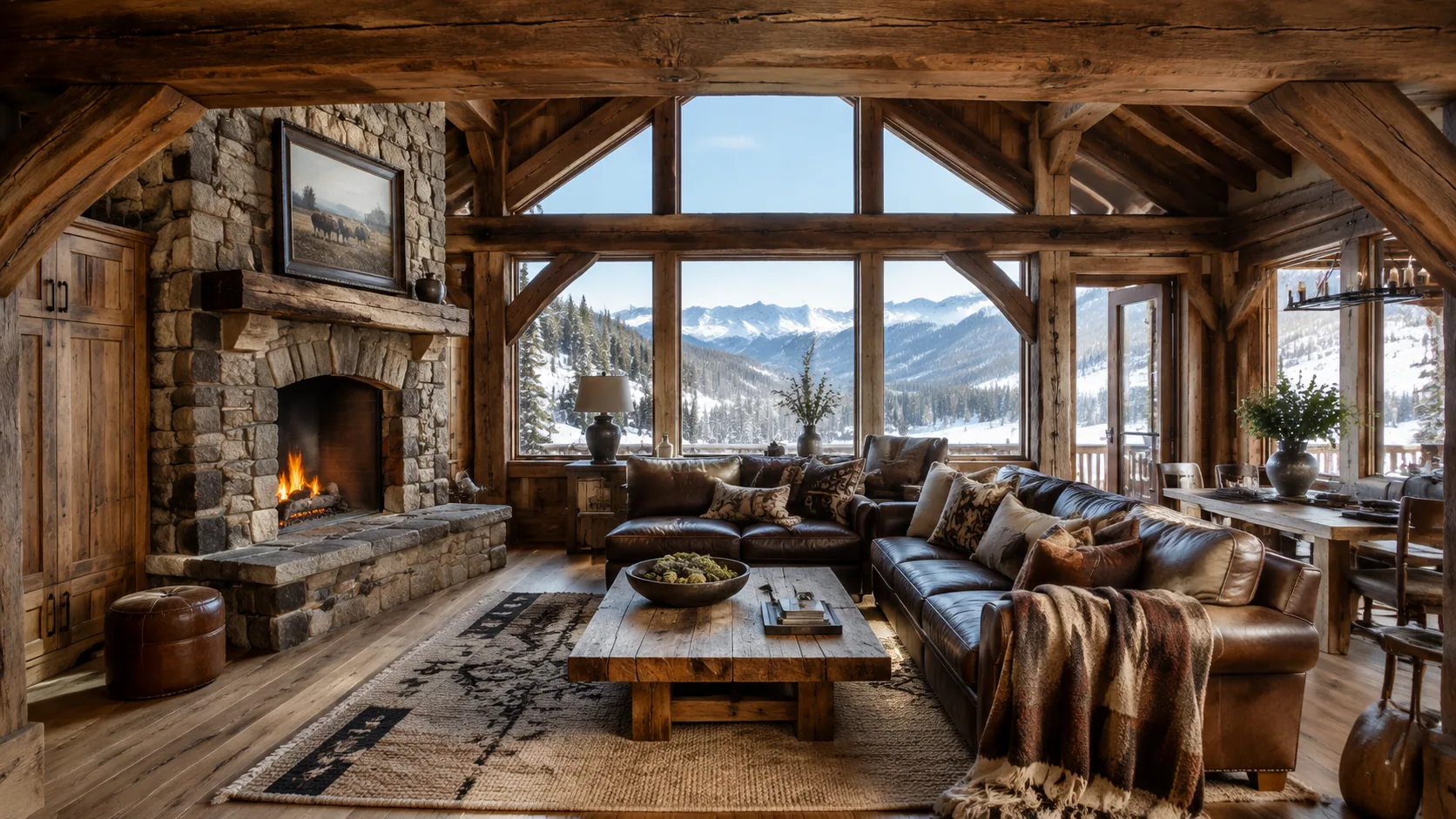 Wide rustic Montana living room with Douglas-fir beams, a fieldstone fireplace, leather seating and snowy mountain views.