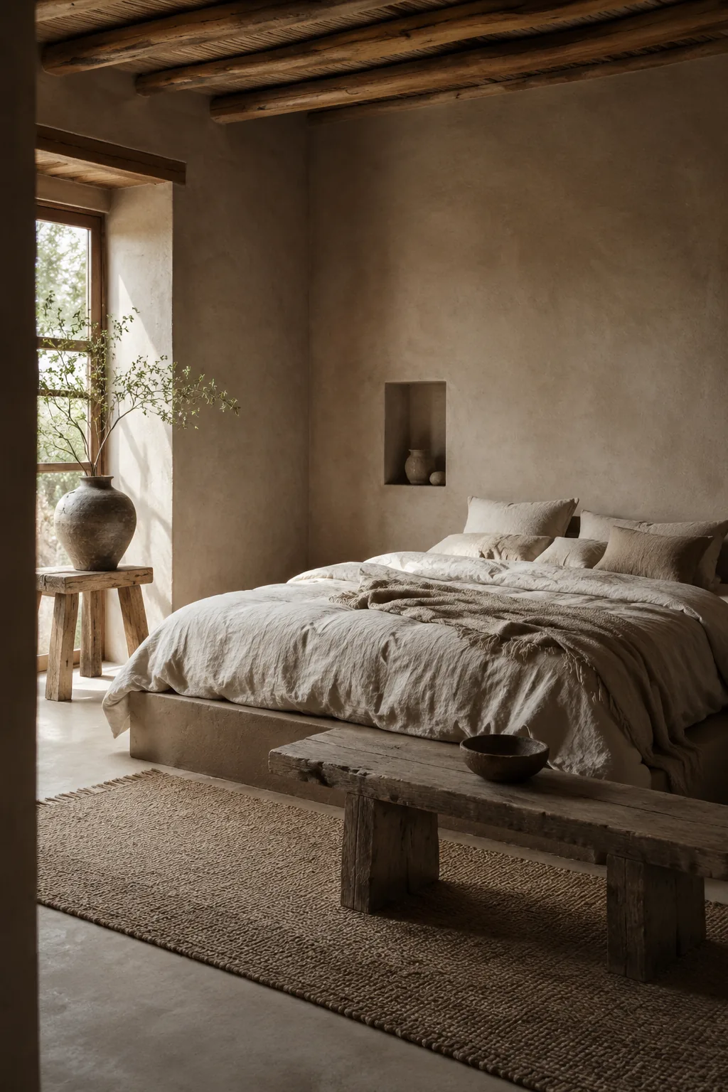 Wabi-sabi bedroom with clay walls, a low linen bed, an aged timber bench, and handmade pottery
