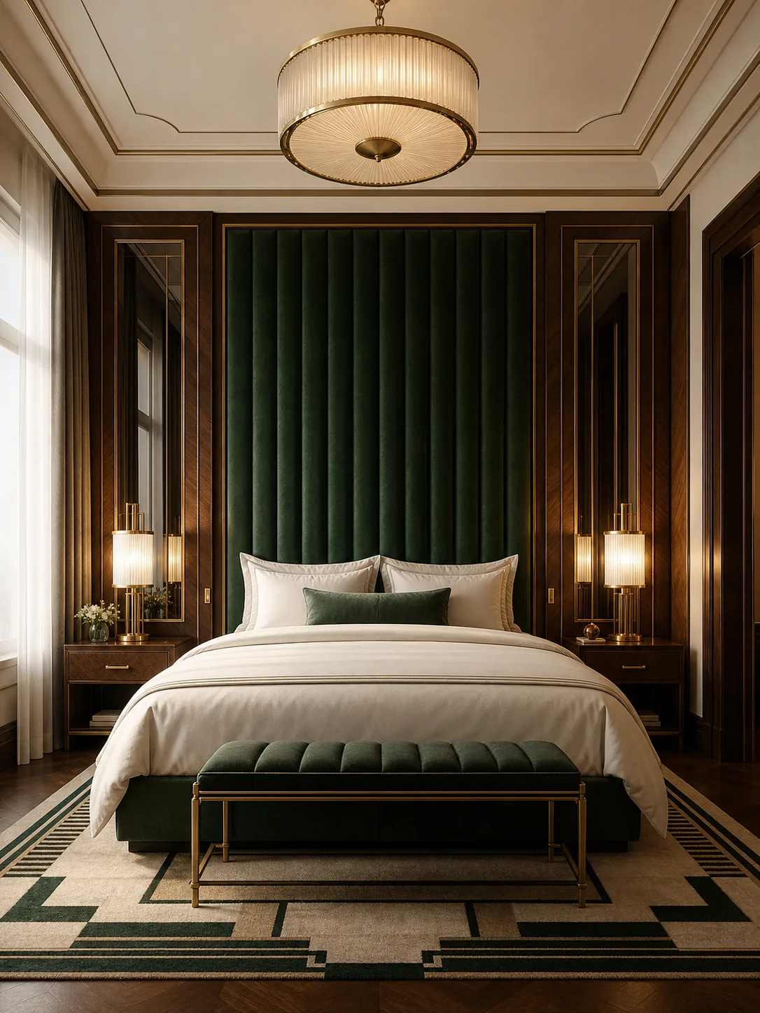 Art Deco bedroom with an emerald velvet headboard, walnut paneling, brass details, and a geometric rug