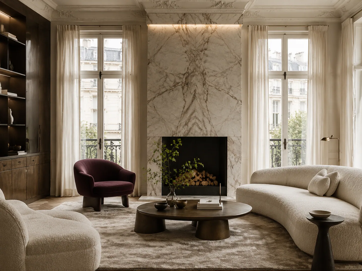 Luxury Parisian living room with a bookmatched moonstone fireplace, ivory bouclé seating, bronze joinery and tall windows.