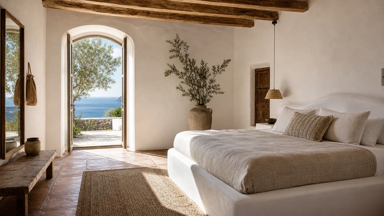 Mediterranean bedroom with white stucco, timber beams, terracotta floor, and a view of the sea