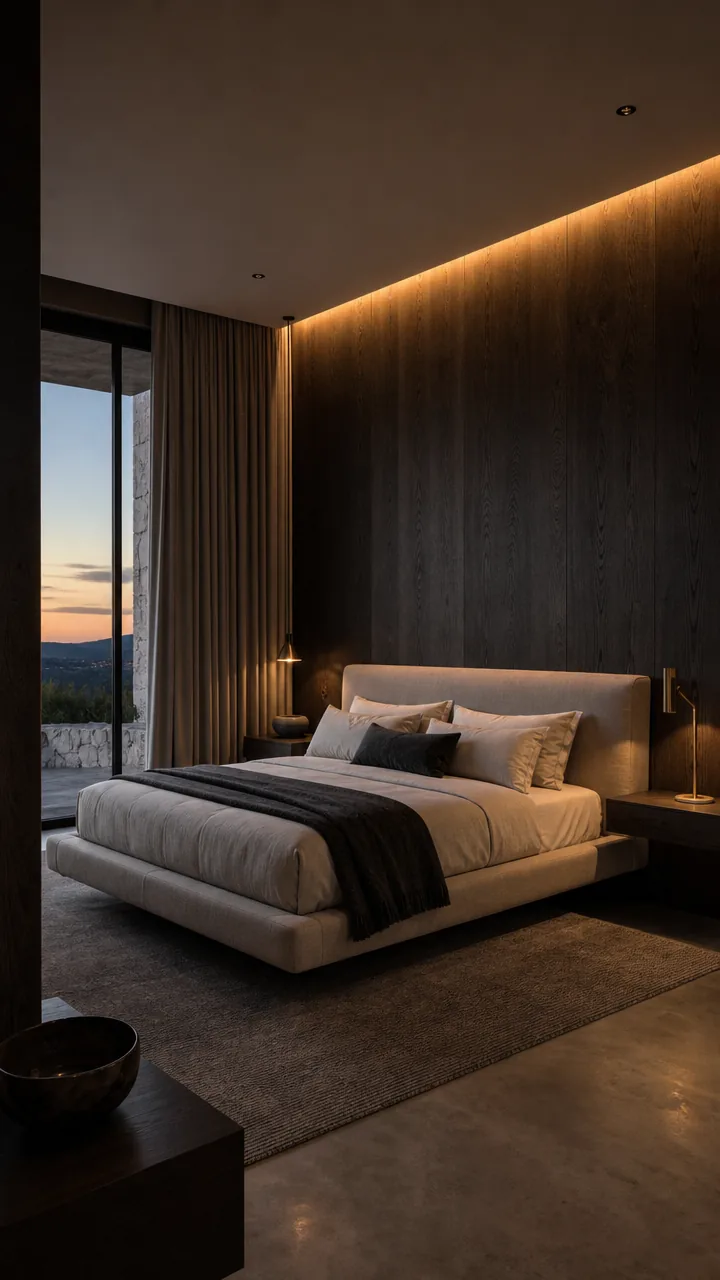 Contemporary hotel suite with a floating bed, smoked oak wall, layered neutral textiles, and bronze lamps