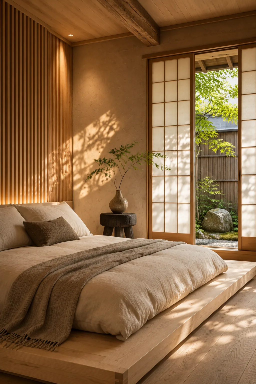 Japandi Kyoto bedroom with a low linen bed on a hinoki platform, cedar slats, shoji screens and dappled courtyard light.