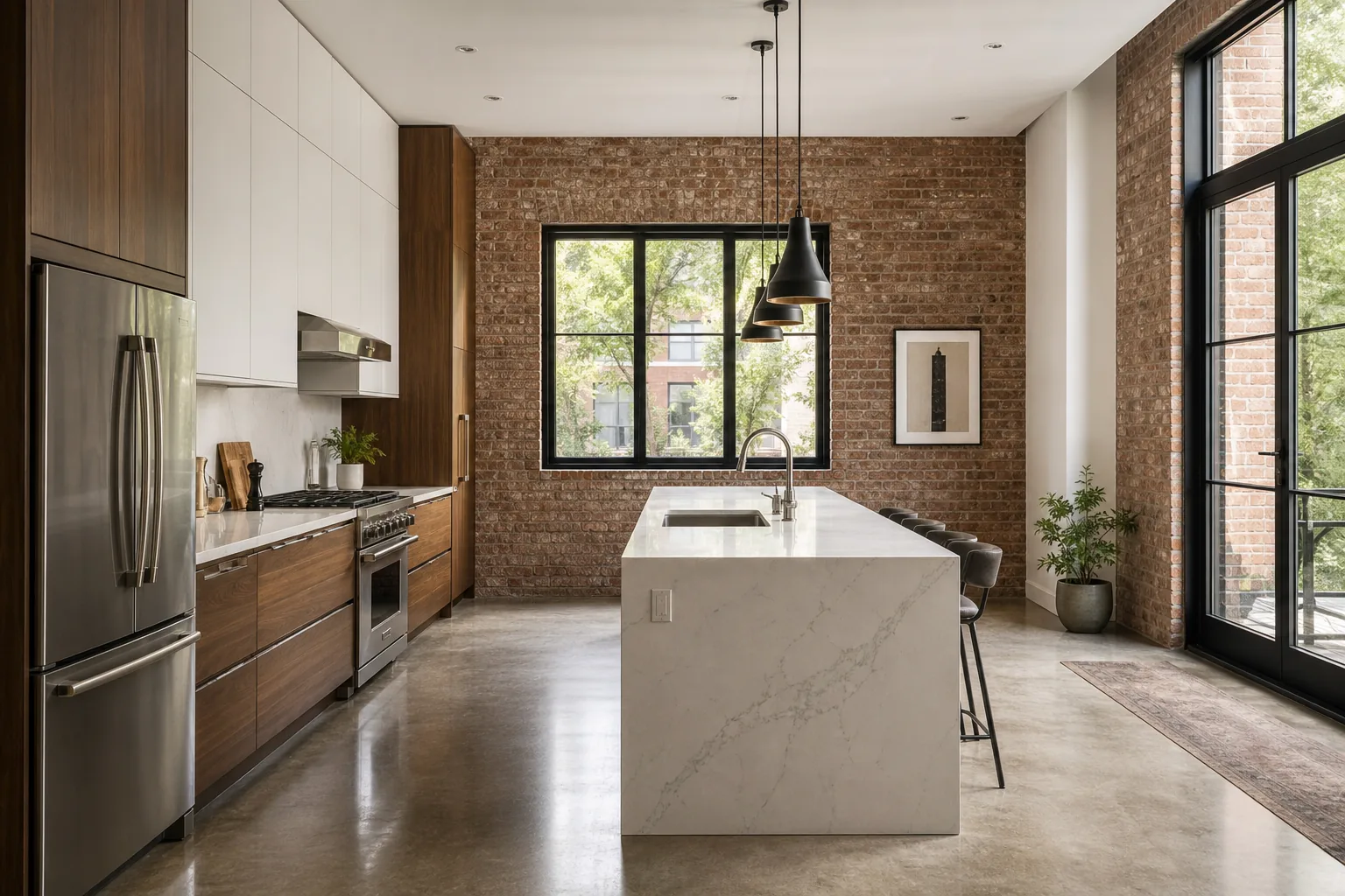Brooklyn kitchen with exposed brick, walnut cabinetry, a quartz island, and black pendant lights