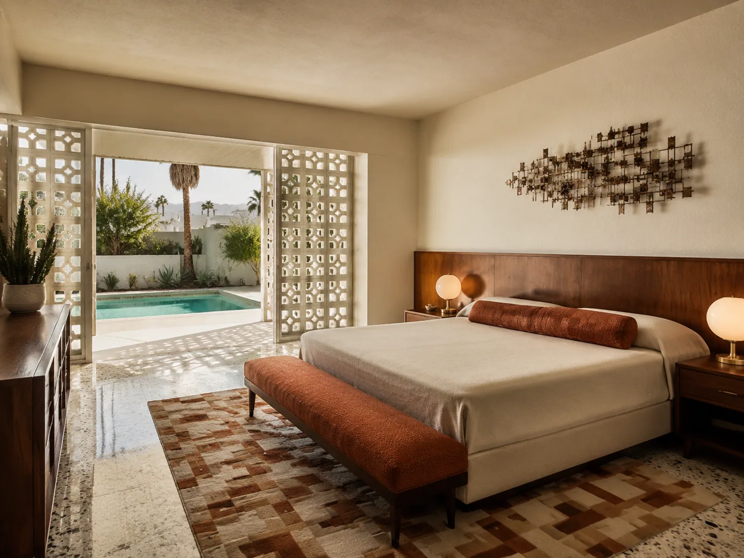 Mid-century Palm Springs bedroom with a walnut headboard, terrazzo floor, globe lamps, breeze blocks and a turquoise pool.