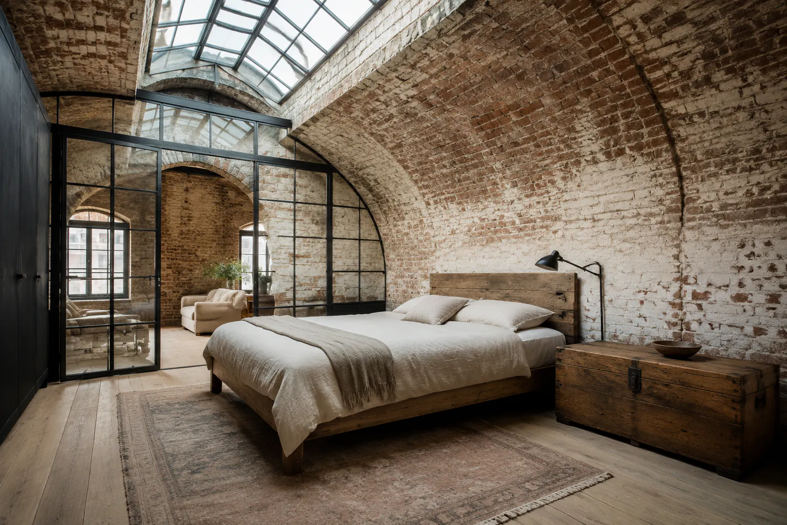 Industrial silk-mill bedroom beneath a brick barrel vault with steel glazing, linen bedding, aged timber and a large skylight.