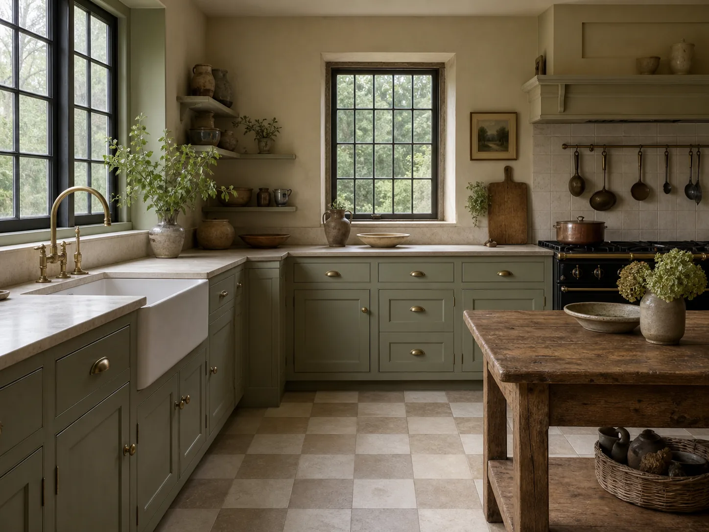 English country kitchen with sage Shaker cabinets, cream stone counters, a farmhouse sink, and checkerboard floor