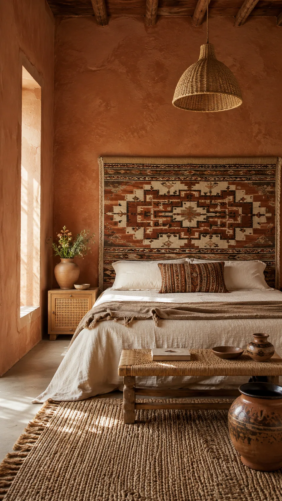 Tall Bohemian Oaxaca bedroom with a woven textile headboard, terracotta walls, cane furniture and handmade folk ceramics.