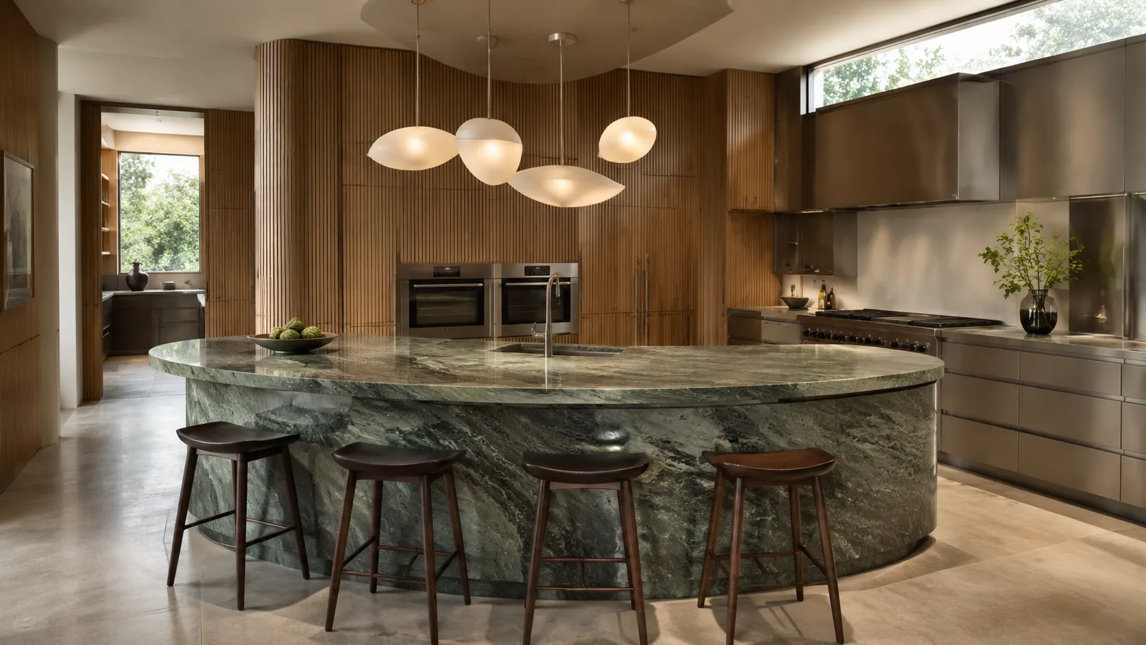 Wide contemporary kitchen with a curved green-quartzite island, ribbed-oak cabinetry, brushed steel and sculptural ceiling lights.