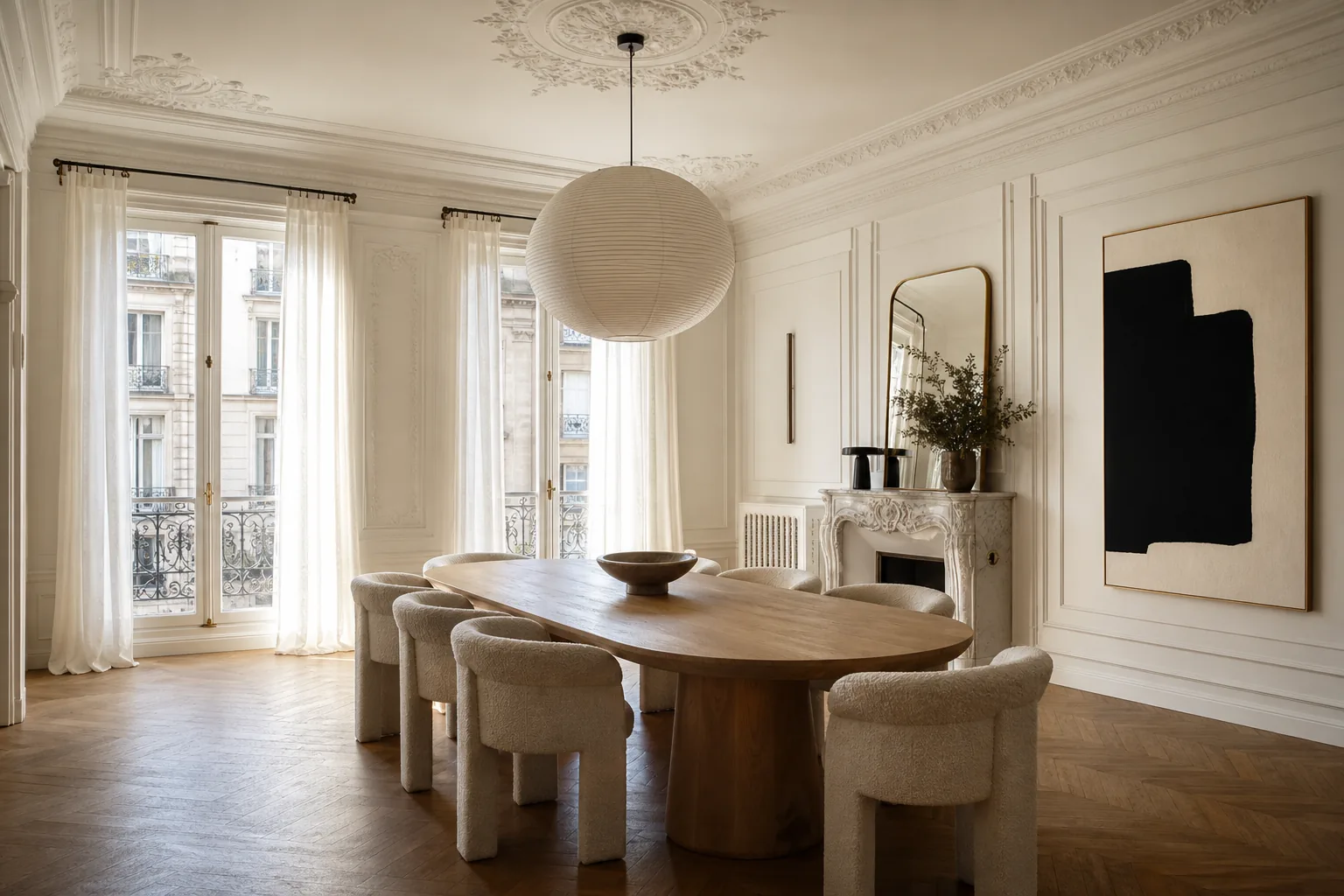 French contemporary dining room with Haussmann moldings, an oak table, boucle chairs, and herringbone floor