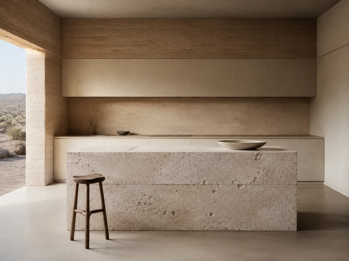 Minimalist desert kitchen with rammed-earth walls, seamless plaster cabinets and a solid limestone-block island.