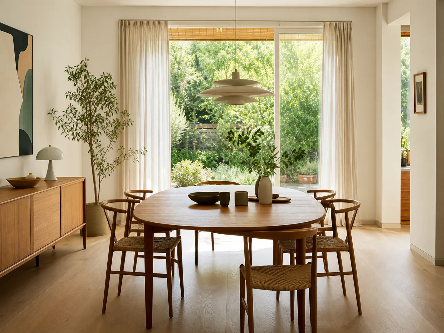 Danish modern dining room with a teak table, woven chairs, pale oak floor, and a sculptural pendant