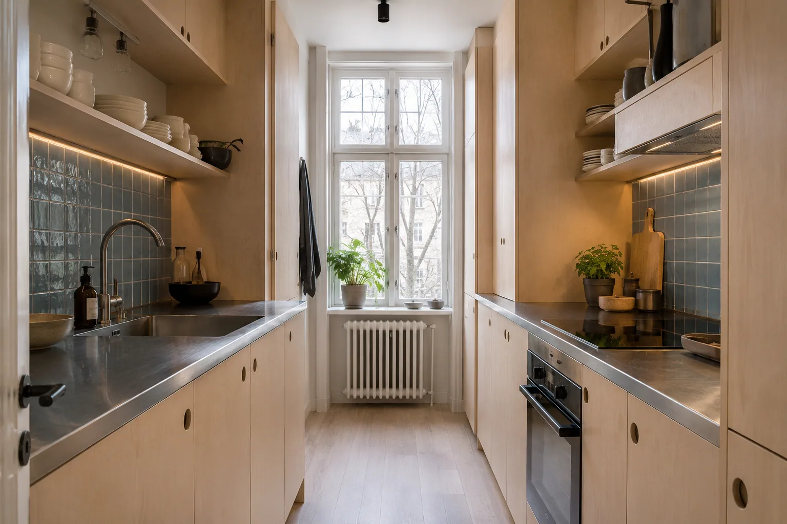 Compact Scandinavian galley kitchen with pale birch cabinets, dusty blue tile, stainless counters and a winter-lit end window.