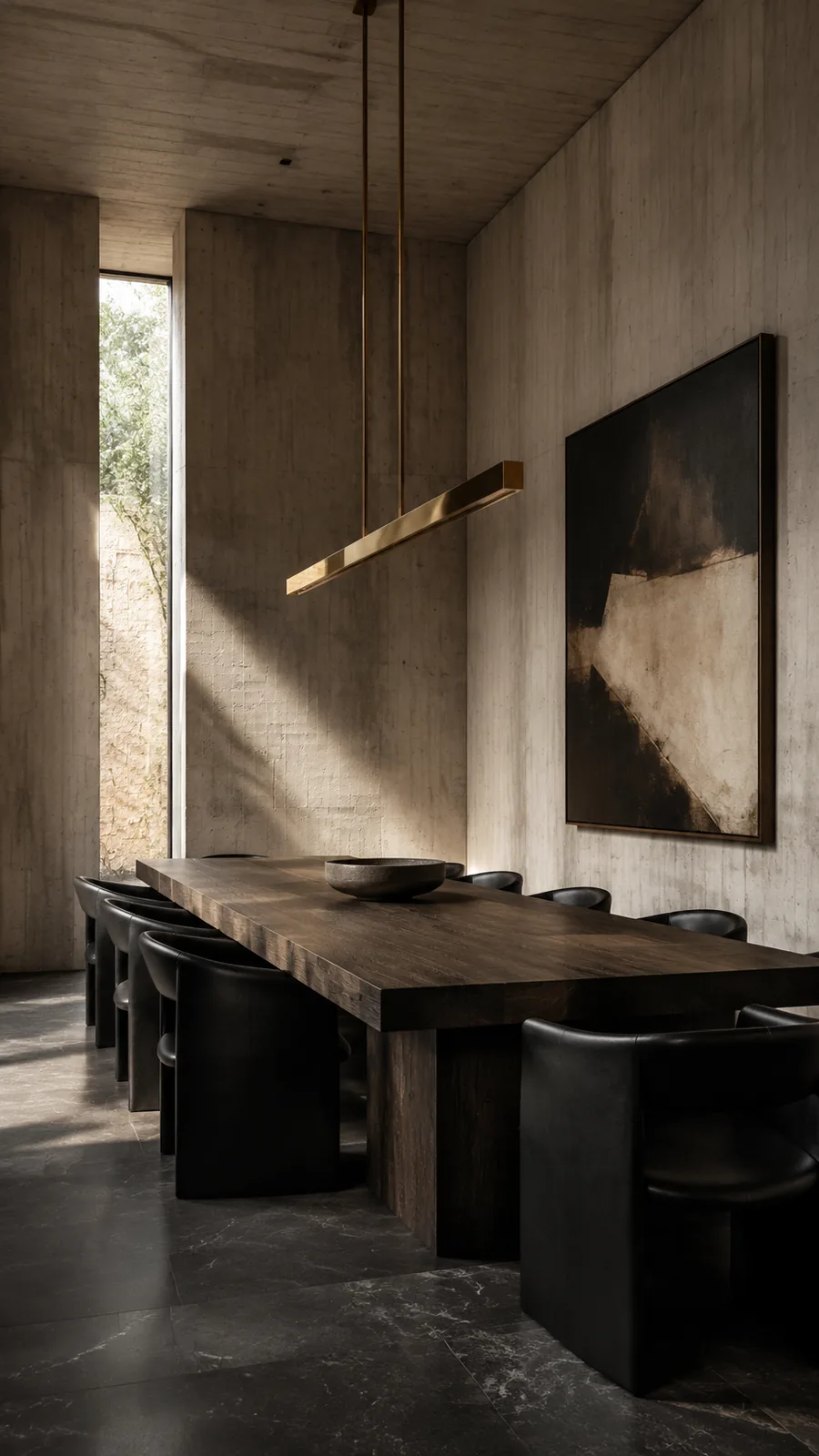 Brutalist dining room with concrete walls, a dark oak table, black chairs, and a bronze pendant
